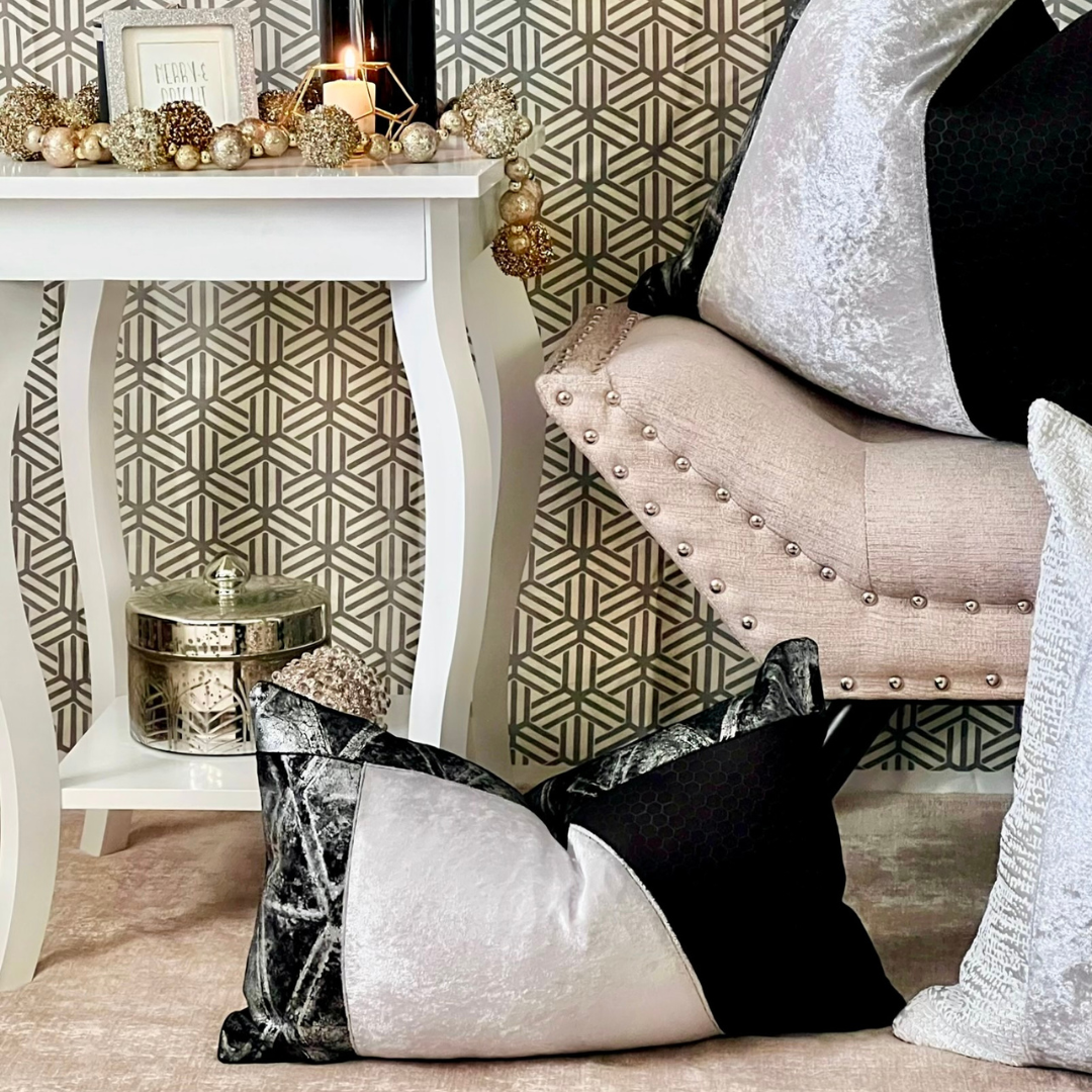 black and silver Christmas pillow