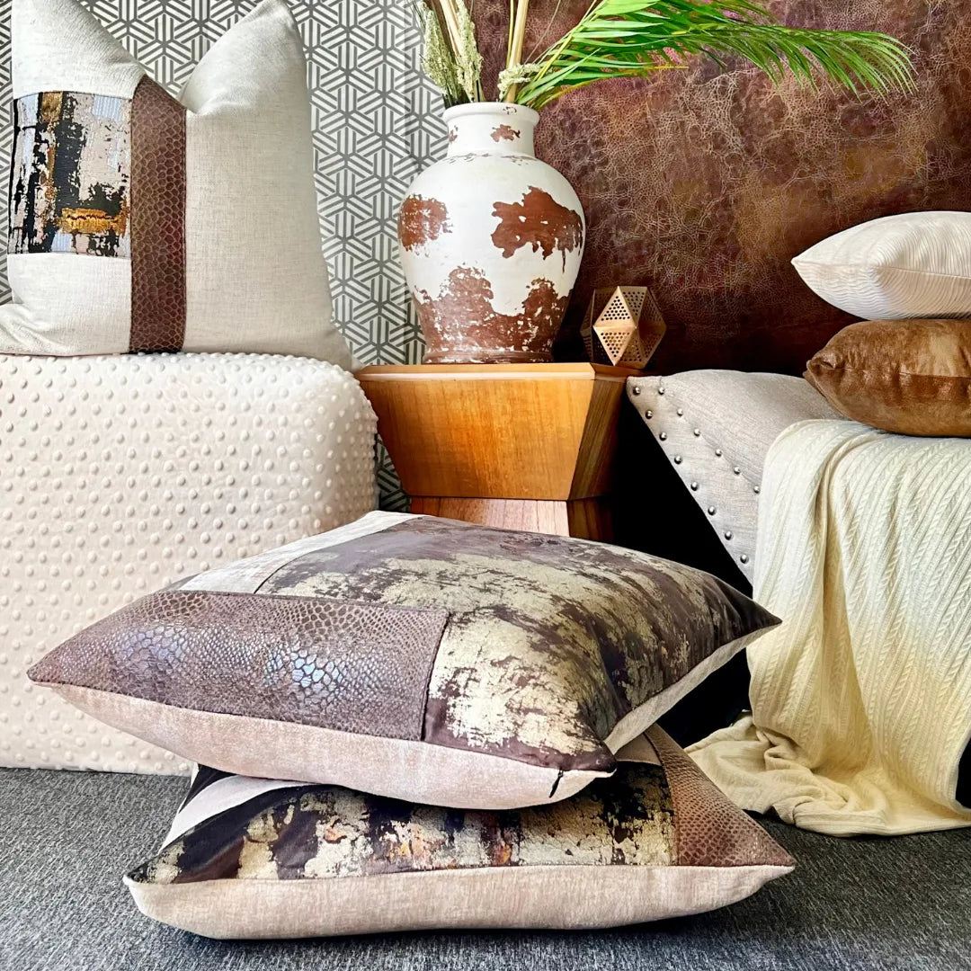brown metallic pillow with faux croc