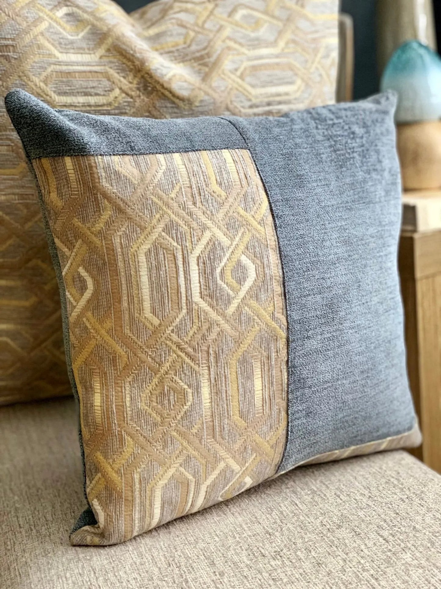 gray and tan pillow