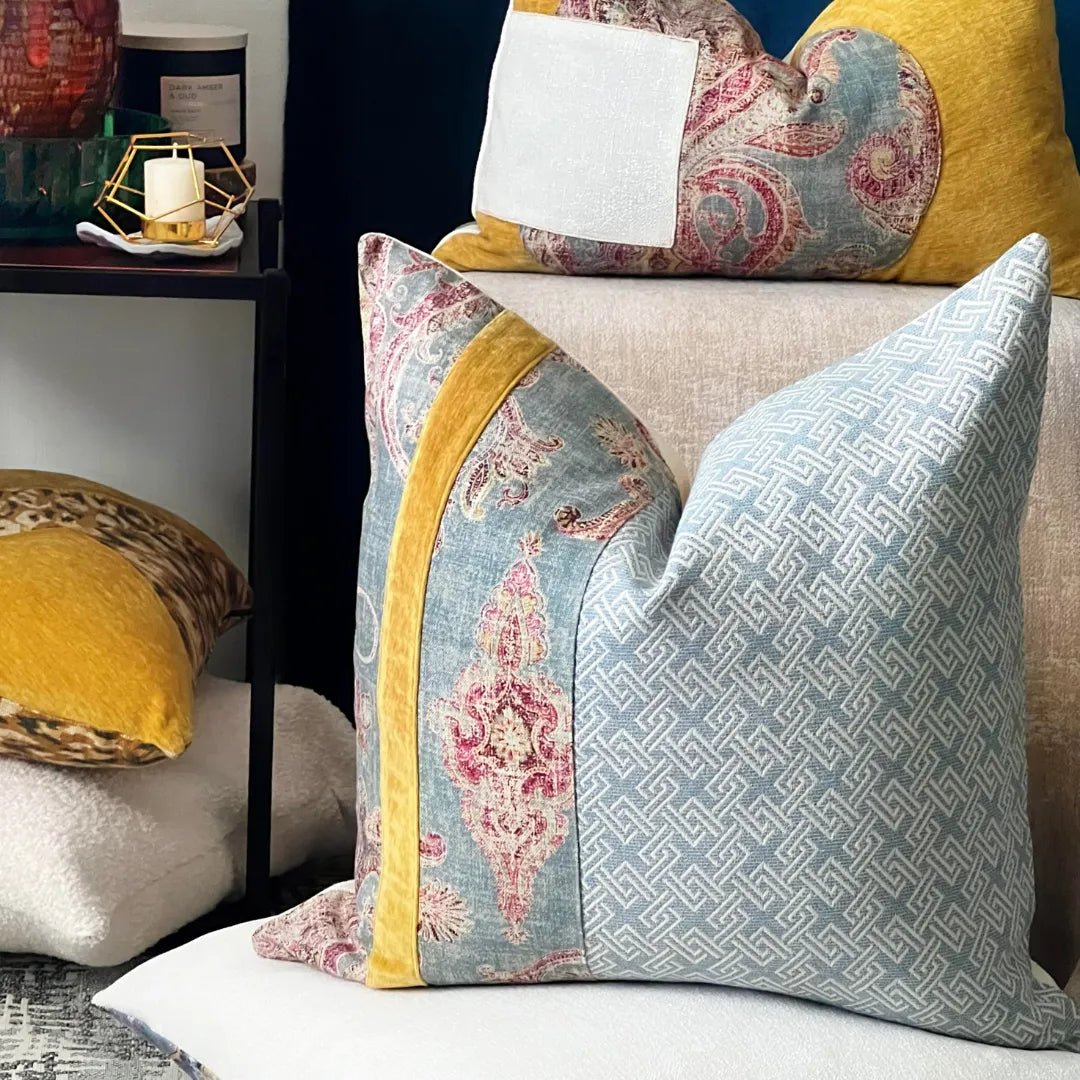 blue and yellow pillow cover