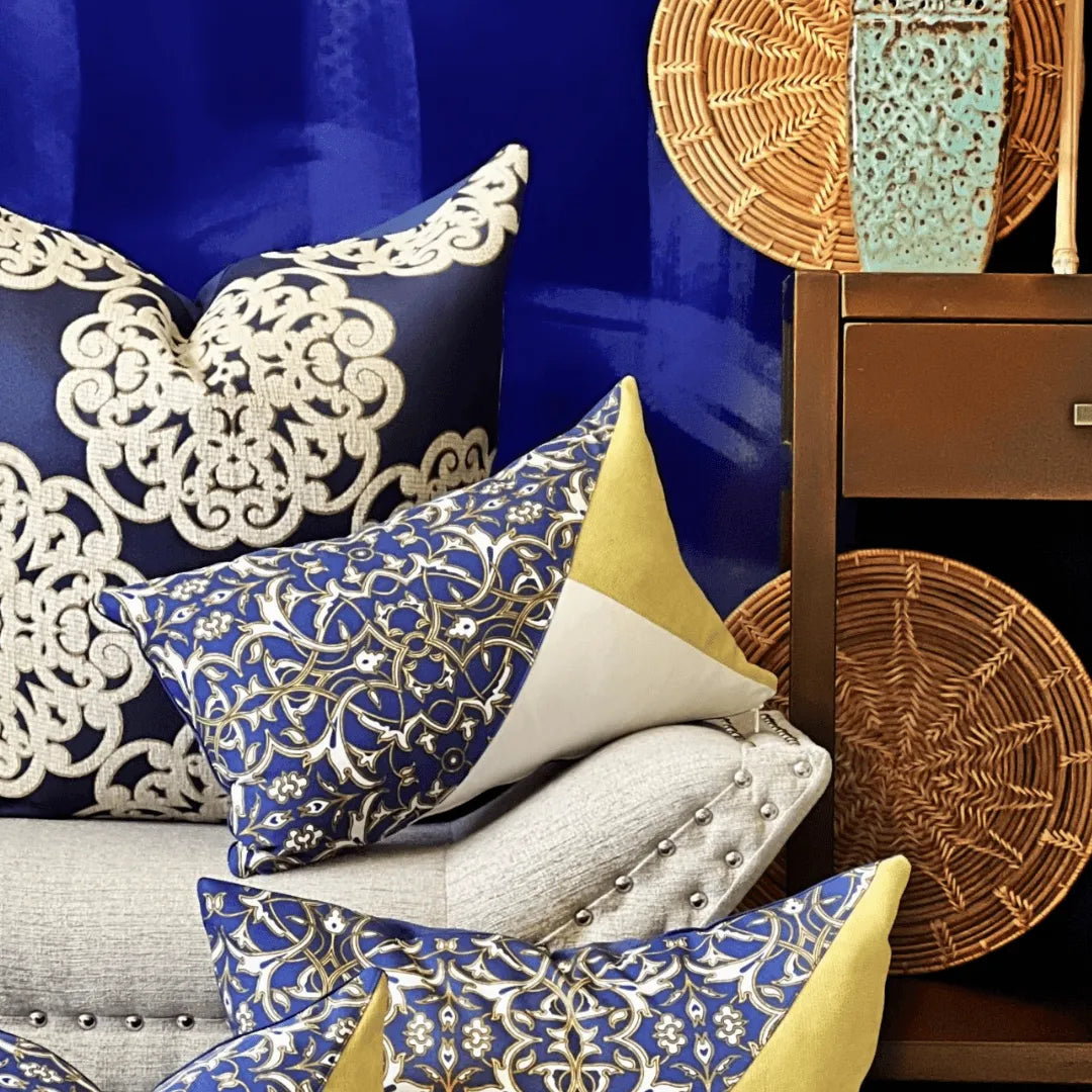 blue and white throw pillow