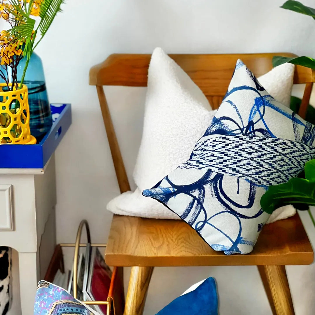 blue and white art deco pillow