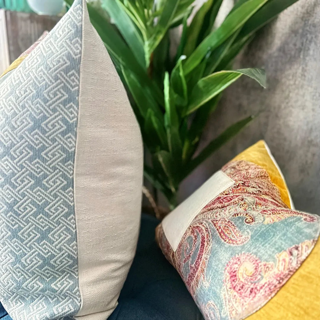 blue and yellow pillow cover