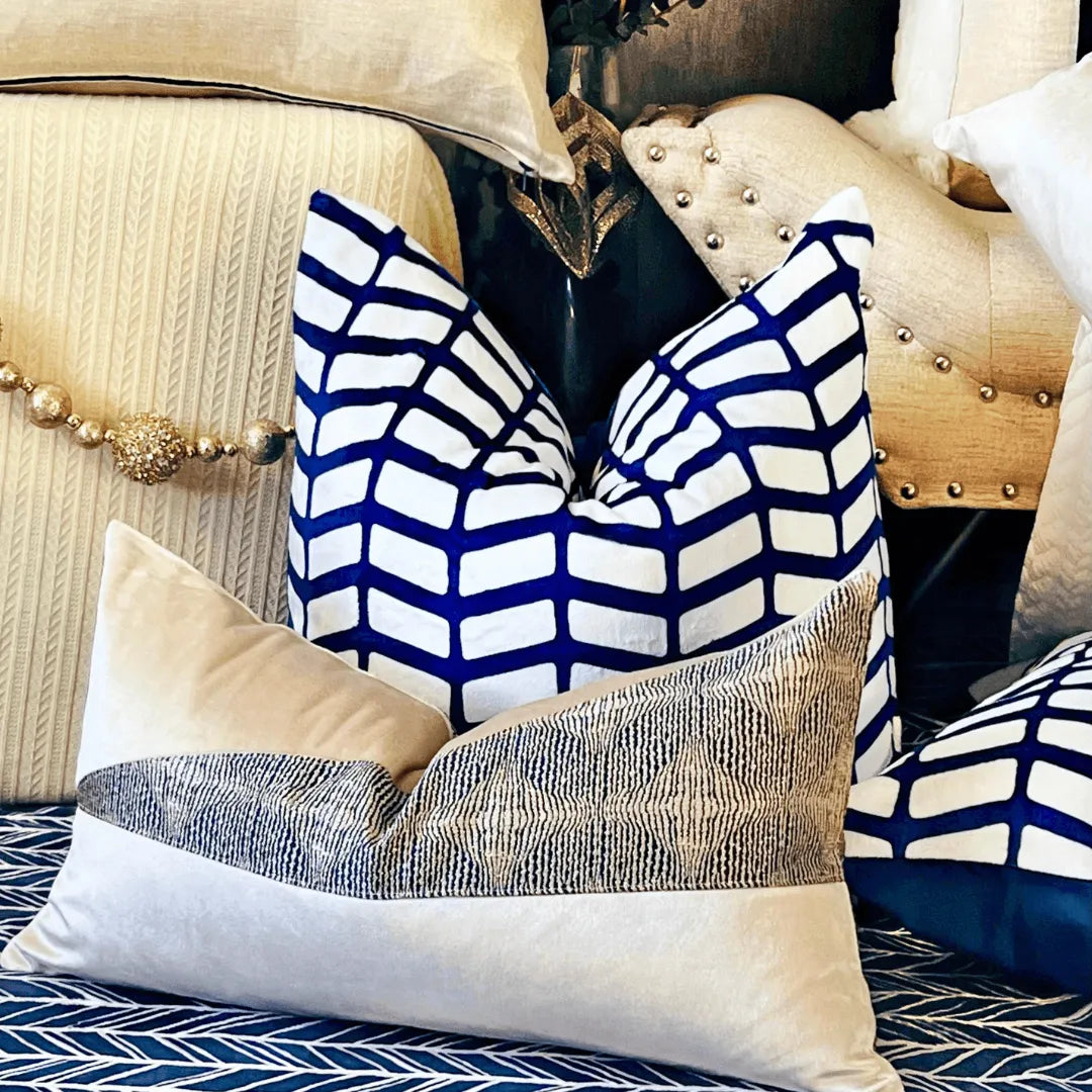 Blue and beige shimmery Christmas pillow