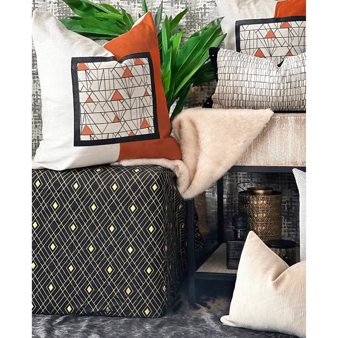 orange and beige art deco pillow