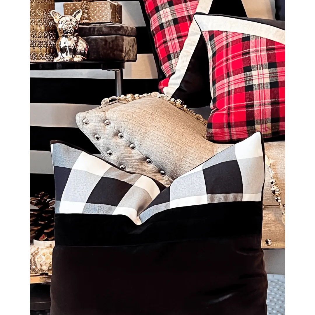 black and white plaid Christmas pillow