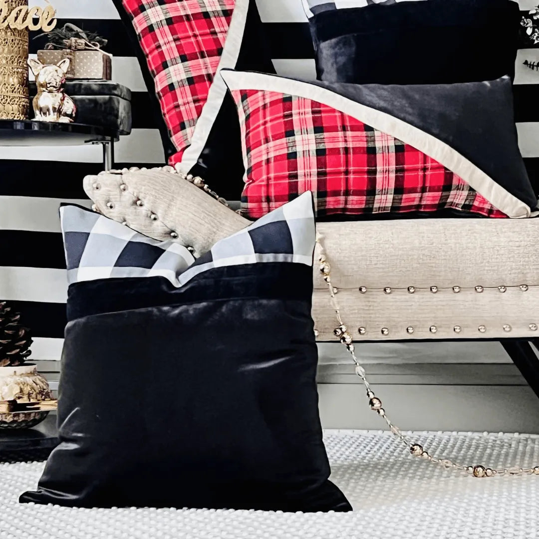 black and white plaid Christmas pillow