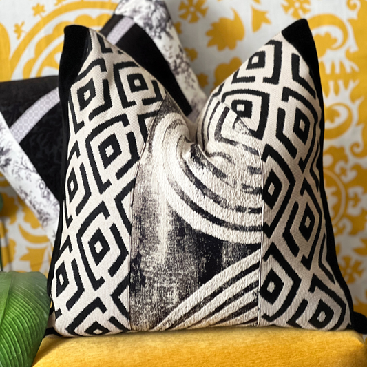 black and white graphic print pillow