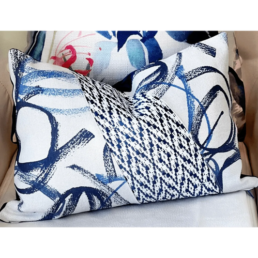 blue and white art deco pillow