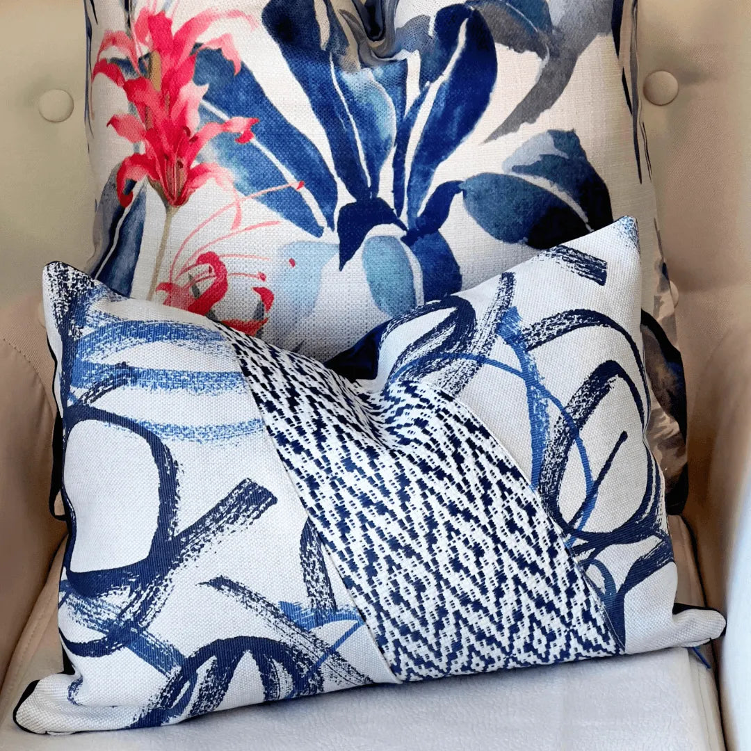 blue and white art deco pillow