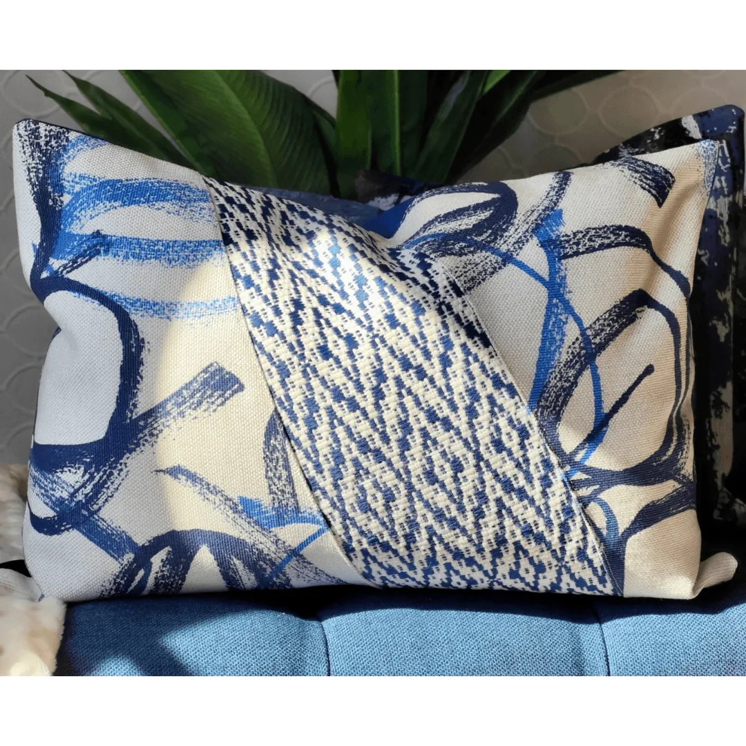 blue and white art deco pillow EmbellyshHome