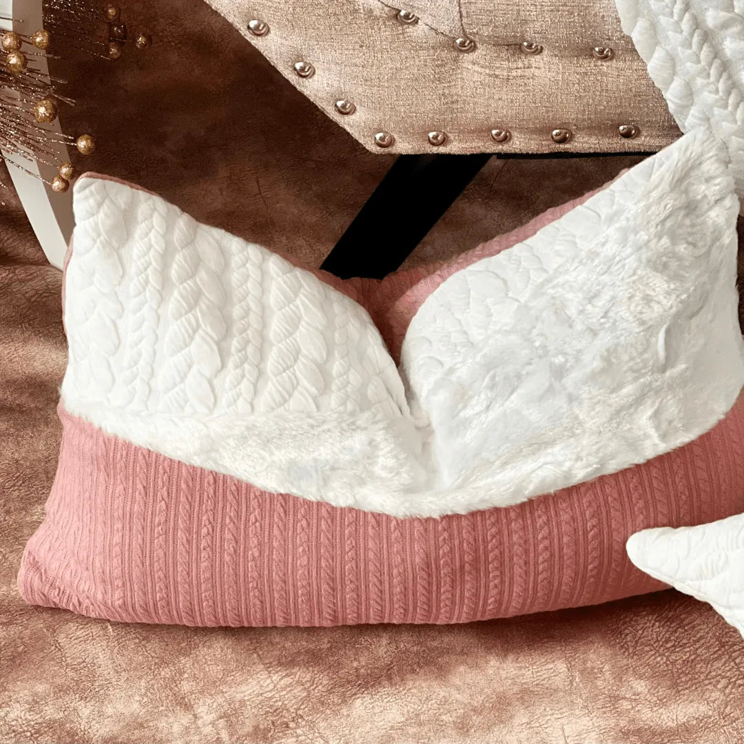 Pink and White Knit lumbar pillow